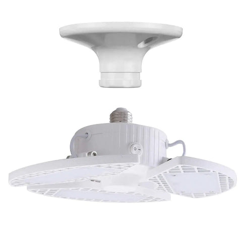 Three Panel LED Garage Light Set Two Pack No Brainer Bright White Finish Energy Star Certified Ceiling Mount Fixture For Home Shop Or Garage Ultra Bright Illumination Low Power Consumption Durable LED Panels, showing underside view with three white LED panels.
