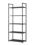 Five Tier Storage Rack For Kitchen And Laundry Room Height Adjustable Microwave Cart Rock Solid Steel Frame upright with five open shelves.