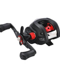 Water Drop Wheel baitcasting reel, all-metal frame with red accents and dual black handle grips