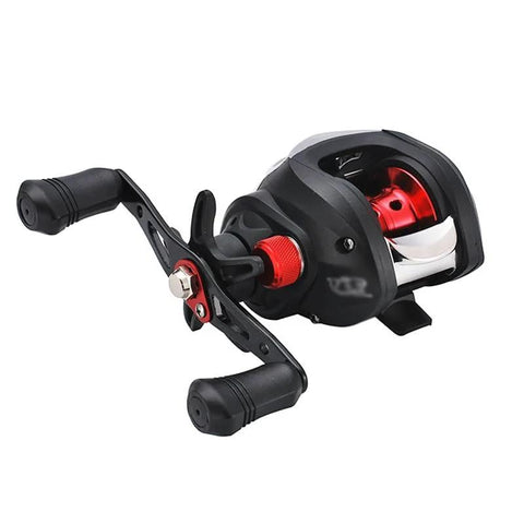 Water Drop Wheel baitcasting reel, all-metal frame with red accents and dual black handle grips