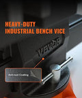 Close-up of heavy-duty bench vice with anti-rust coating, featuring the 6.5 inch jaw vise with 360 degree swivel locking base for workbench.