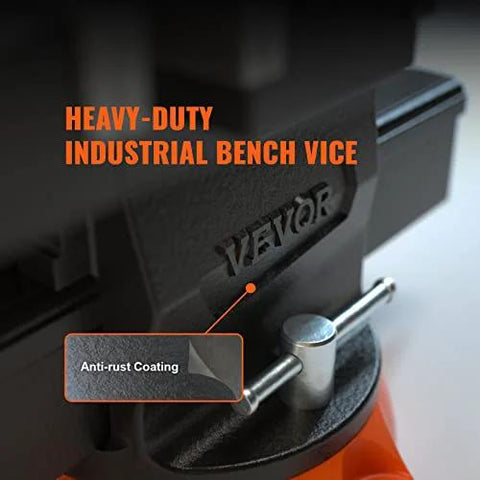 Close-up of heavy-duty bench vice with anti-rust coating, featuring the 6.5 inch jaw vise with 360 degree swivel locking base for workbench.