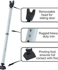 Two In One Door Security Bar And Sliding Patio Door Stopper Jammer For Child Proofing, Adjustable Heavy Duty Iron Construction With White Finish