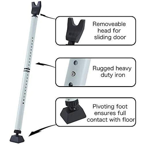Two In One Door Security Bar And Sliding Patio Door Stopper Jammer For Child Proofing, Adjustable Heavy Duty Iron Construction With White Finish