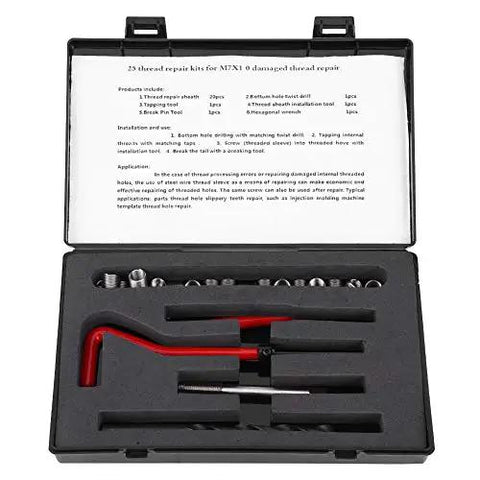 M7 X 1.0 Helicoil Thread Repair Kit Stainless Steel 25 Pcs in black case with tools for aluminum repair