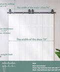Bi-Folding Sliding Barn Door Hardware Track Kit 72 Inch For Four Doors In Black Finish, shown installed with measurements