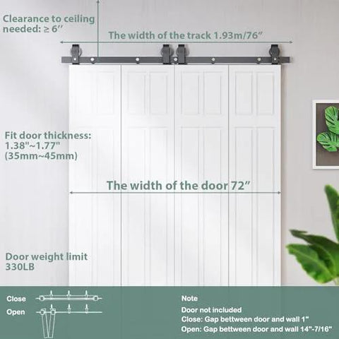 Bi-Folding Sliding Barn Door Hardware Track Kit 72 Inch For Four Doors In Black Finish, shown installed with measurements