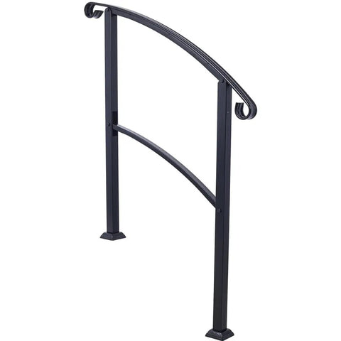Rock Solid Wrought Iron Handrail For Outdoor Steps, Black Metal Stair Railing with curved grip for one to three porch stairs.