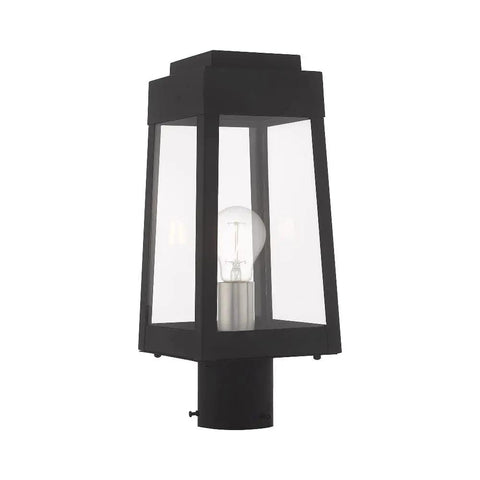 Oslo One Light Outdoor Post Top Lantern with black finish and clear glass, built from solid brass, weather resistant for outdoor use.