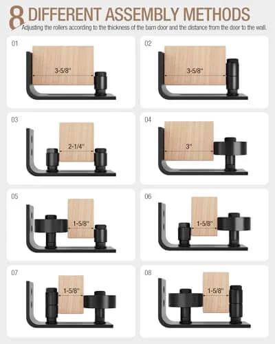 Flush Floor Sliding Barn Door Roller Guide Set with Wall Mounted Hardware showing eight assembly methods