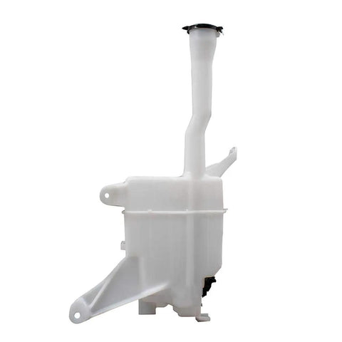 Side view of a white plastic Windshield Washer Reservoir Tank Assembly With Cap And Pump No Low Fluid Sensor Direct Fit Replacement For 2012 2017 Toyota Camry 2013 2018 Toyota Avalon 2016 2018 Lexus ES 350 North American Built