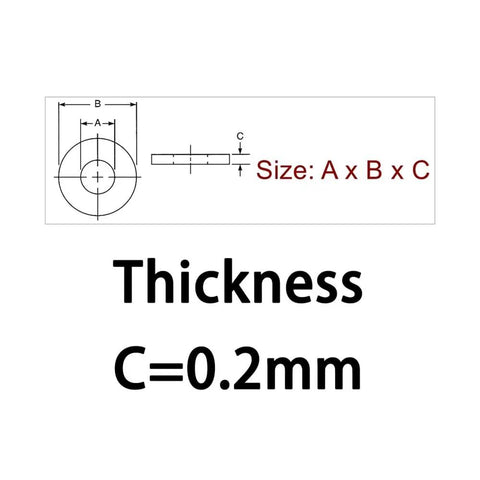 Ultra Thin Stainless Flat Washer Kit 0.2mm Shim 4x7x0.2mm For M3 M4 M5 Screws, 100 Pcs Plumbing Hardware Assortment, size chart showing 0.2mm thickness