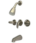 Tub And Shower Faucet With Satin Nickel Finish 3 Legacy Lever Handle Solid Brass Construction Wall Mount Installation Washerless Cartridge Half Inch IPS Connection Five Inch Spout Reach