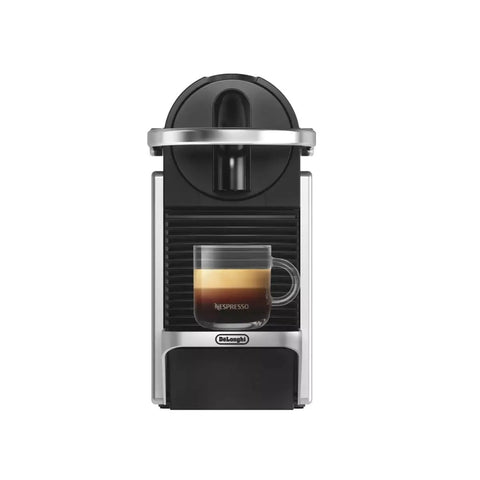 Front view of Pixie EN127S One Button Capsule Espresso Machine With a Legit 19 Bar Pump Quick Heat System Multi Function Brew Welcome Pack Included Ultra Compact Silver Coffee Maker For Home Office And Small Kitchens with a black coffee mug