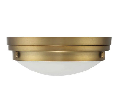Lucerne Industrial Flush Mount Ceiling Light With White Glass Shades Two Light 120 Total Watts Warm Brass Finish