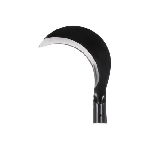 Close-up of 7 Inch Brush Clearing Sickle With Black Oxide Forged Carbon Steel Blade, showing curved blade and handle attachment.