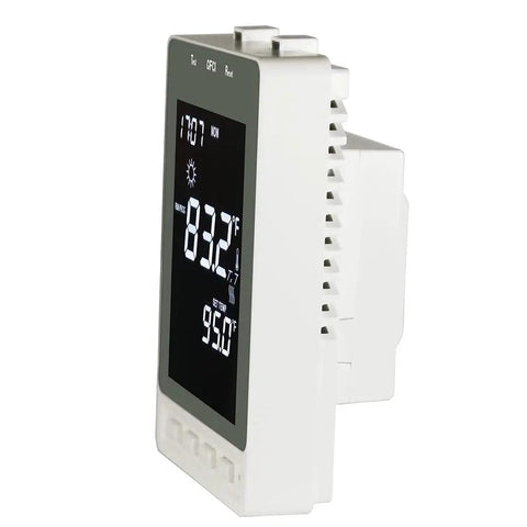 Programmable Thermostat For Electric Floor Heating With Alarm And Built In GFCI, Large Backlit LCD Display, side angle view