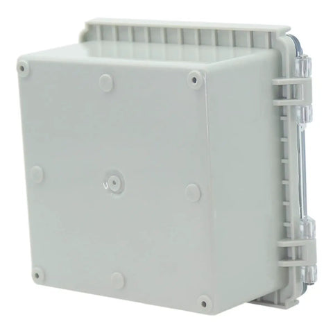 Side view of Outdoor IP67 Electrical Junction Box Weatherproof ABS Plastic Enclosure With Hinged Clear Cover, gray color.
