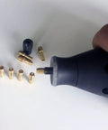 Nine Piece Brass Collet Set for Dremel Rotary Tools with Four Claw Grips showing collets and rotary tool