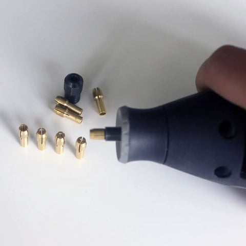 Nine Piece Brass Collet Set for Dremel Rotary Tools with Four Claw Grips showing collets and rotary tool