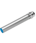Proximity Switch With Vibration Sensor Ideal For Industrial Automation And Predictive Maintenance Sien 6 5B PO S L 150383 M12B NS K L PA 538324 Heavy Duty Sensor For Machinery Monitoring And Diagnostics. silver cylindrical metal sensor with blue end cap