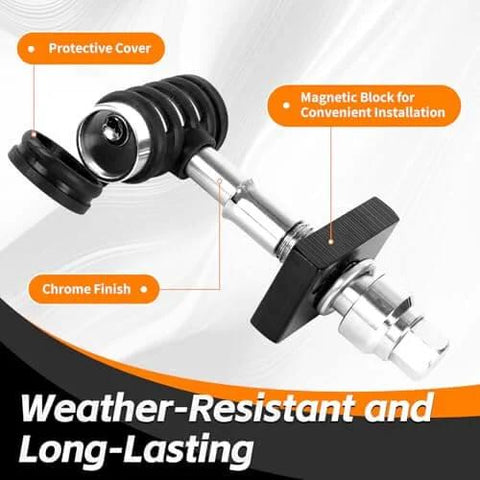 Anti Rattle Hitch Lock Pin Set With Five Eighth Inch Hollow Shank And Two And Five Eighth Inch Span 90 Degree Swivel Lock Rubber Grip