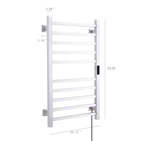 6 Bar Electric Heated Towel Rack Wall Mount Plug In Towel Warmer With Brushed Finish Timer Control shown with dimensions
