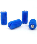 Solid As Rock Nylon Bead Positioning Screw Pack Featuring Slotted Head And Premium Steel Ball Spring Plunger With Slick Blue Coating For Quick Drop Install On M8 Length Fitting M6 To M10, four blue screws with steel ball.