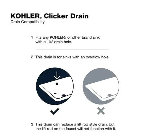 Kohler Clicker Drain compatibility guide showing installation for Heavy Duty Universal Clicker Drain With Overflow Polished Chrome Bathroom Sink Fixture.