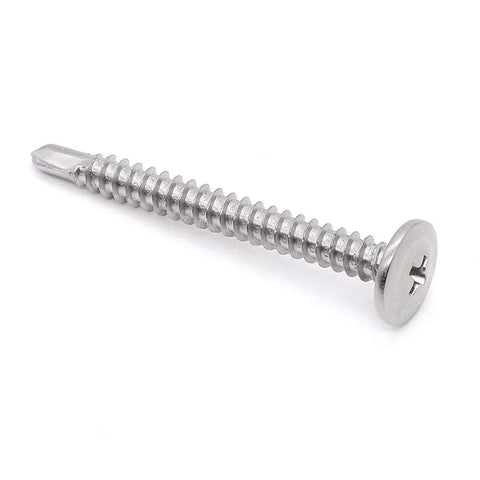 Fifty Pack Of Number 10 By 2 Inch Phillips Wafer Head Self Drilling Screws Crafted From Tough 410 Stainless Steel on a white background.