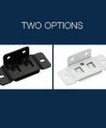 Two options of Heavy Duty Stainless Steel Corner Brackets Set 8 Pack With Screws Quick Fitting Right Angle Braces in black and white finish.