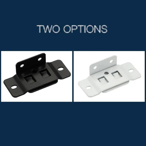 Two options of Heavy Duty Stainless Steel Corner Brackets Set 8 Pack With Screws Quick Fitting Right Angle Braces in black and white finish.