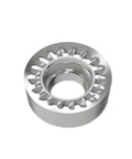 Aluminum turning insert, angled top view, round with central bore, silver.