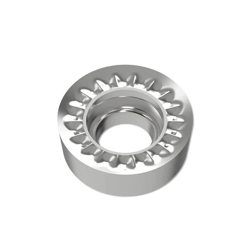 Aluminum turning insert, angled top view, round with central bore, silver.