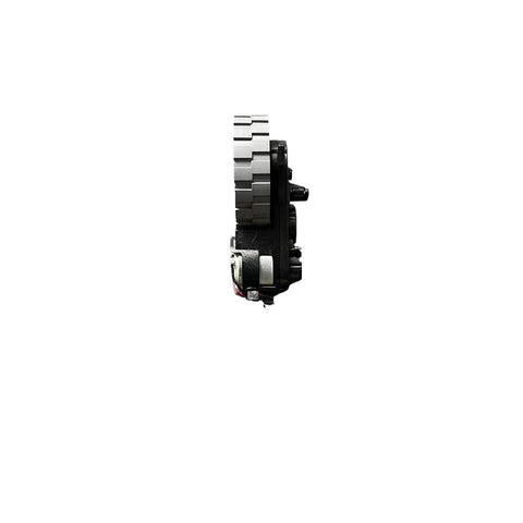 Robot vacuum wheel assembly, side view, black with metal gear, compatible with Ecovacs Deebot X1 Omni and X1 Plus.
