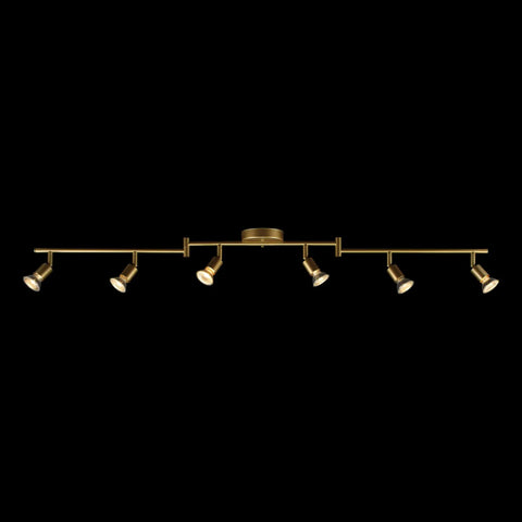 Payton 6-Light Foldable Track Lighting in painted brass with exposed sockets, minimalistic design, straight configuration.