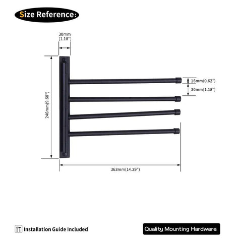 Diagram of 4 Arm Swivel Towel Bar Matte Black Stainless Steel SUS 304 Wall Mount Towel Rack Holder showing dimensions.