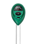 Three In One Soil Moisture And Light Meter With Built In PH Test For Indoor And Outdoor Use Great For Home And Garden Houseplants Lawns Gardens And Farms No Battery Needed Large Easy Read Dial with green casing and metal probes.