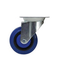 Side view of a 4 Inch Swivel Caster with Elastic Blue Rubber Wheel, Heavy Duty Top Plate 3 by 4 Inches for Carts and Furniture.