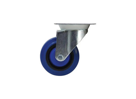 Side view of a 4 Inch Swivel Caster with Elastic Blue Rubber Wheel, Heavy Duty Top Plate 3 by 4 Inches for Carts and Furniture.