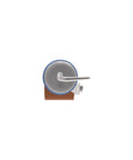 Everhard Roll-N-Chek silicone seam roller with tester probe, front view, blue rim gray wheel, white handle.