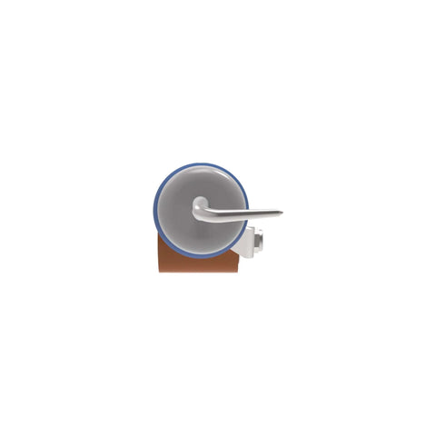 Everhard Roll-N-Chek silicone seam roller with tester probe, front view, blue rim gray wheel, white handle.