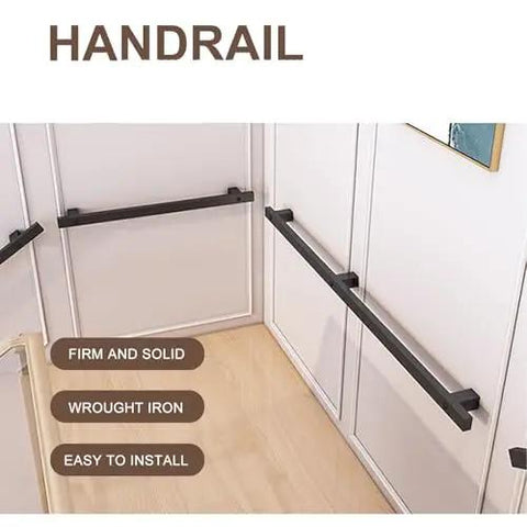 Heavy Duty Black Wrought Iron Stair Railing With Sick Super Grippy Treads For Indoor Outdoor All Weather Home Safety No Sweat Mount For Attic Porch Deck shown installed in an indoor setting.