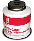Front view of a jar labeled "Cop-Graf Anti-Seize Lubricating Compound" with a brush-top lid, used for metal parts protection.