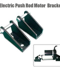 Front view of two heavy-duty steel mounting brackets for a linear actuator with silver bolts; inset shows installed unit.