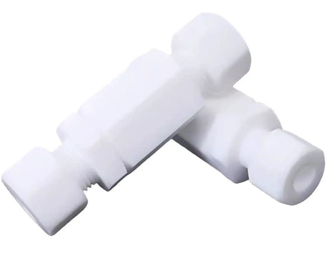 No Nonsense 10 Pack PTFE Teflon Check Valves 1/8 Inch To 1/8 Inch smooth flow one way control, white polymer for heavy duty fluid systems.