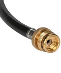 Close-up of the Propane Hose 1lb To 20lb Adapter For 12 Foot Connection, showing brass fitting and black hose end.
