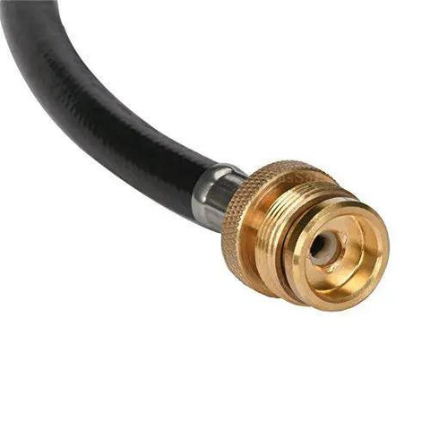 Close-up of the Propane Hose 1lb To 20lb Adapter For 12 Foot Connection, showing brass fitting and black hose end.
