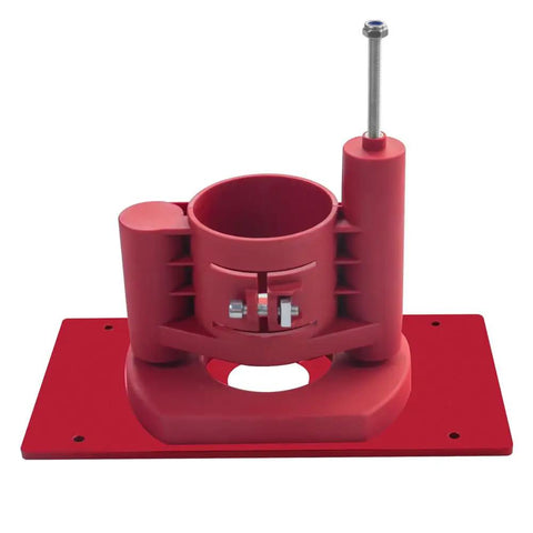Rock Solid Router Table Insert Plate With Quick Adjust Router Lift Flip Plate Set For Woodworkers, lightweight aluminum build in red.