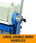 Close-up of large handles on 12 Inch Shear Brake Roll For 20 Gauge Mild Steel With 6 Grooves, Adjustable Top Beam.